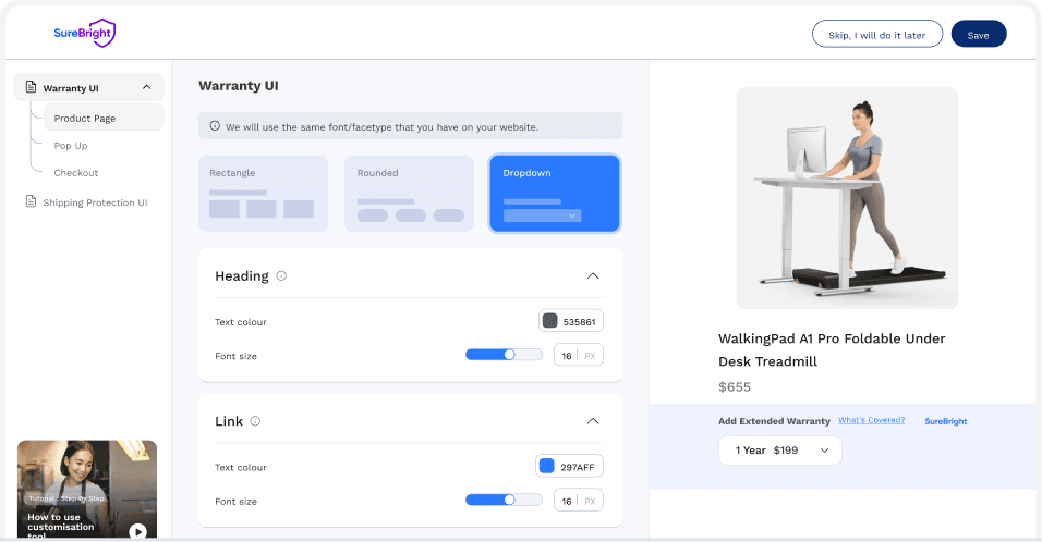 SureBright Warranty UI editor with product page preview and extended warranty selector